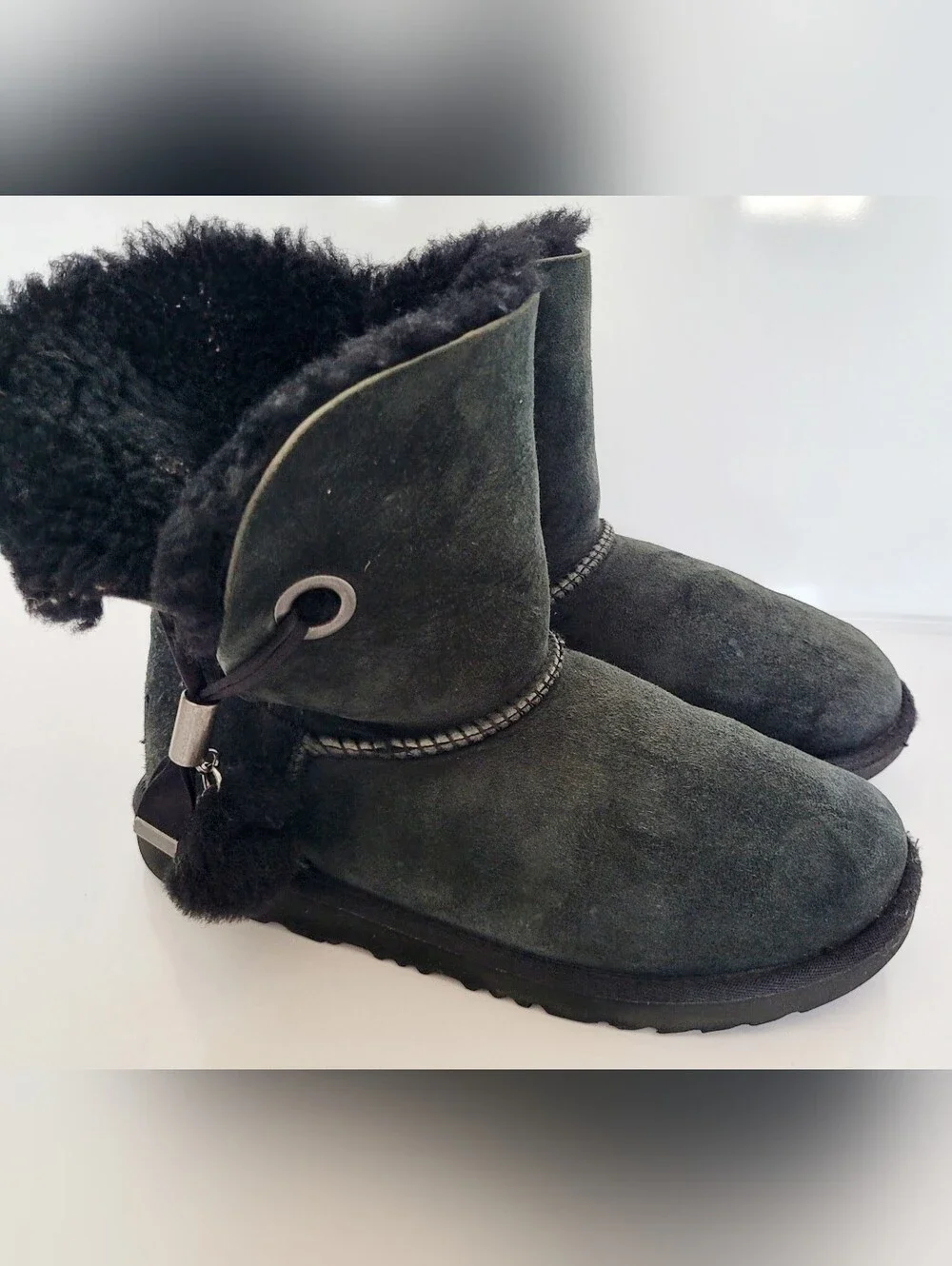 UGG Irina Star Charm Suede Shearling Ankle Boots - Pom Pom Black US 4